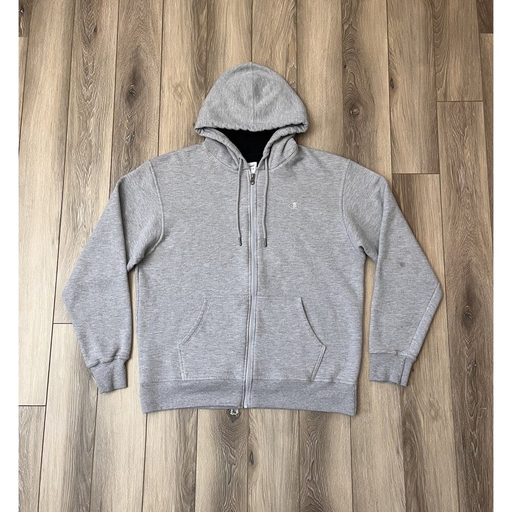 Champion Hoodie Mens Large Gray Full Zip Fleece Sweatshirt Embroidered Logo